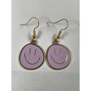 Lavender Purple Enamel Smiley Face Gold Tone Drop Dangle‎ Earrings Retro Happy